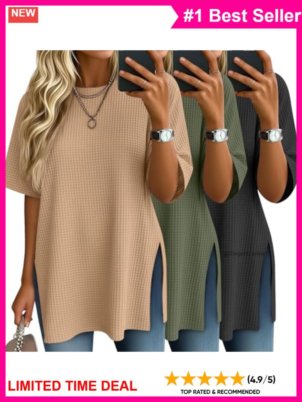 Womens Oversized Waffle Knit Tops 3 Pack Short Sleeve Side Split Tunic Tees